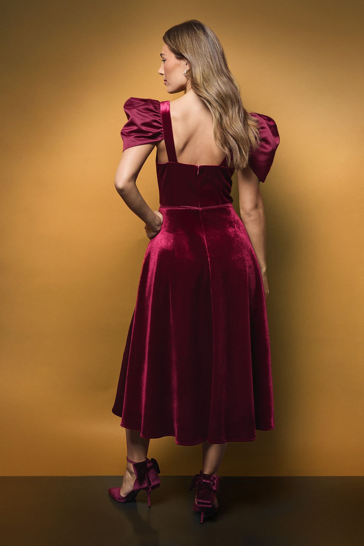 Coast Drape Sleeve Structured Velvet Midi Dress Wine image 3