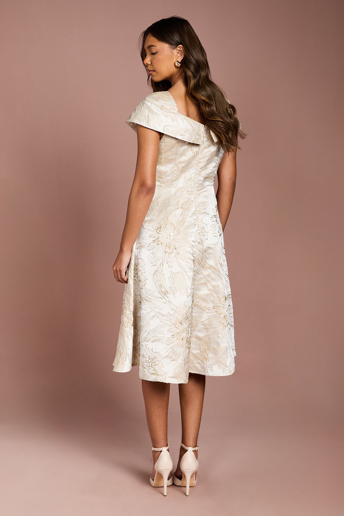 Coast Off the Shoulder Jacquard Full Skirted Midi Dress Champagne image 3
