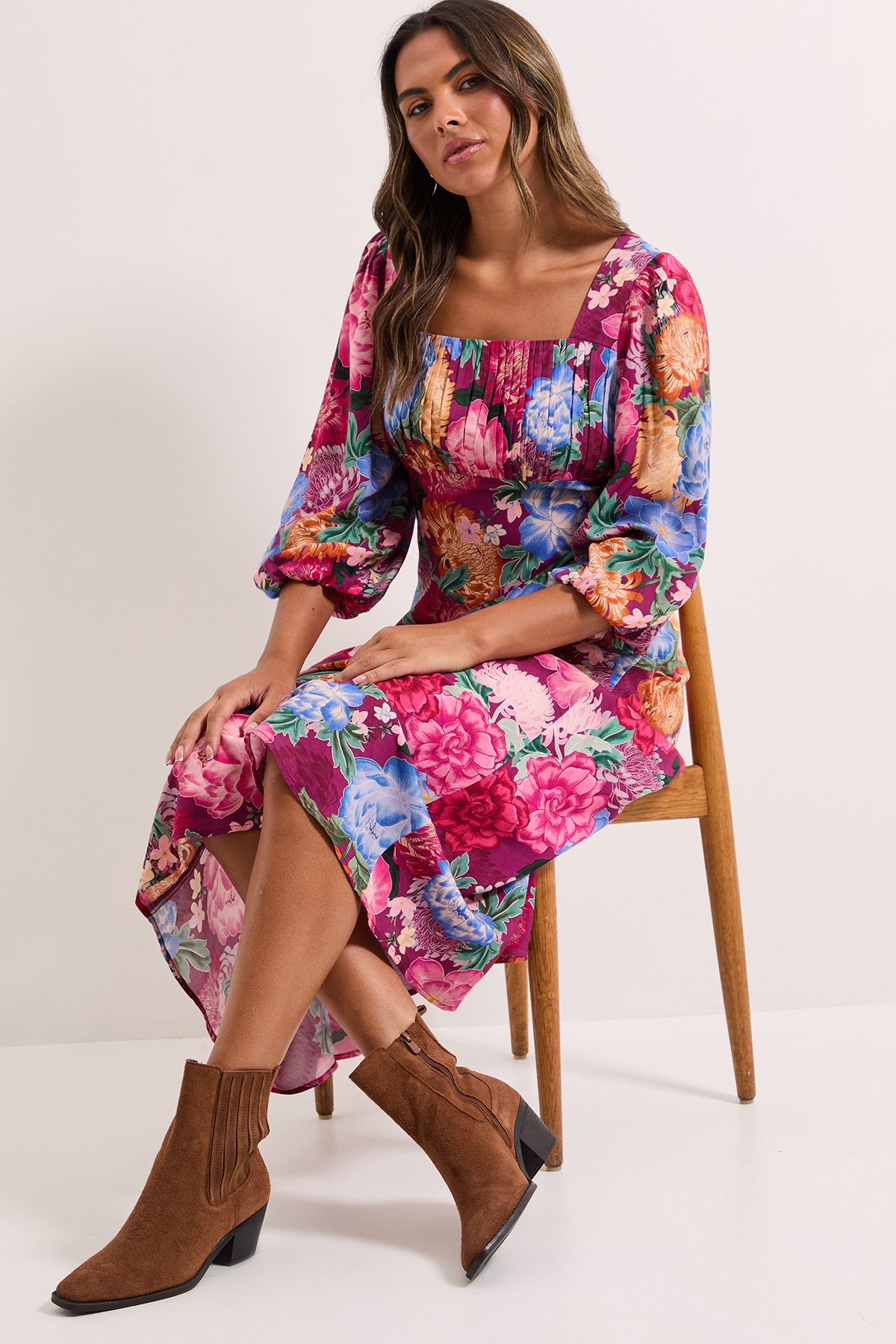 Dorothy Perkins Floral Ruched Bust Drop Waist Midi Dress Floral image 2