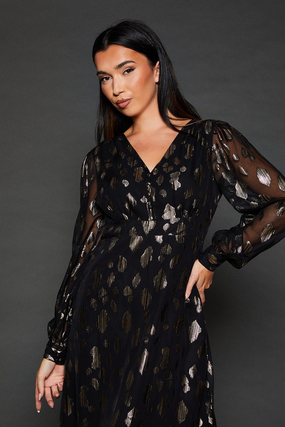 Dorothy Perkins Jacquard Button Front Long Sleeve Midi Dress Black image 4