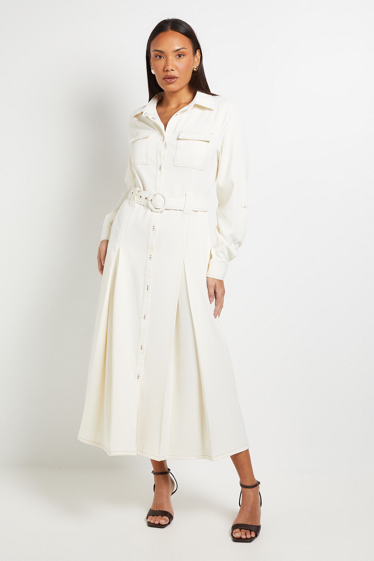 Principles Ecru Contrast Stitch Belted Utility Dress Ecru