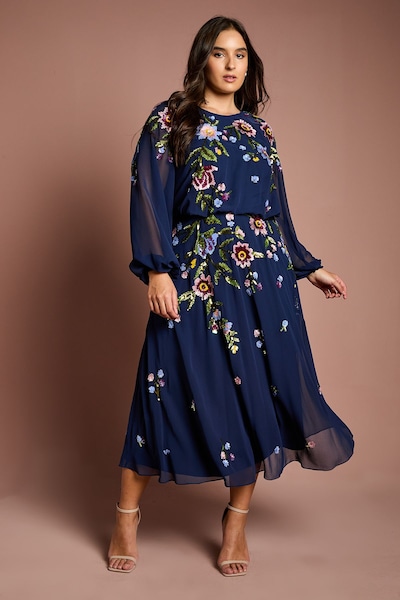 Coast Plus Size Long Sleeve Floral Embellished Sequin Midi Dress Navy