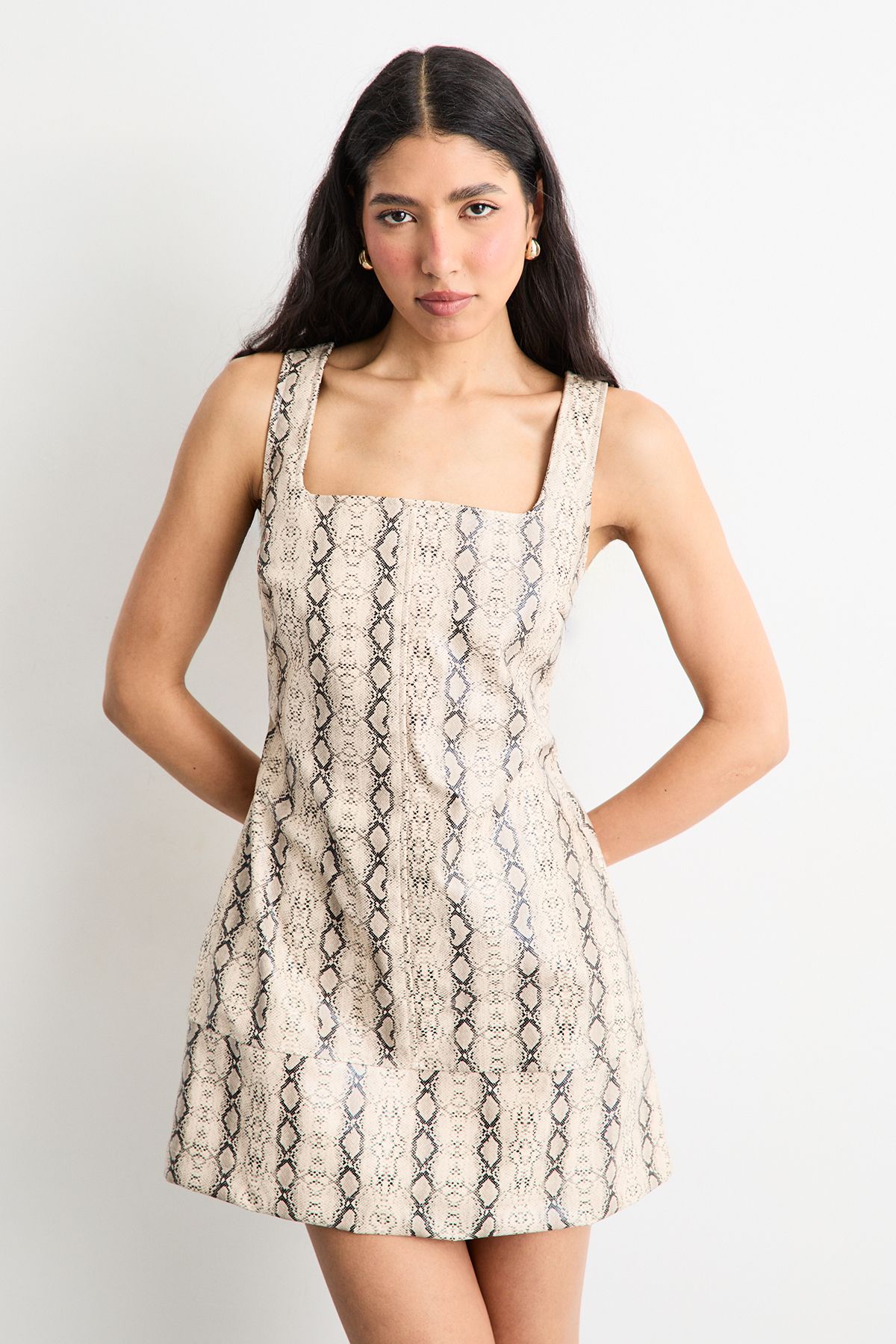 Warehouse Snake Print Faux Leather Mini Dress Cream