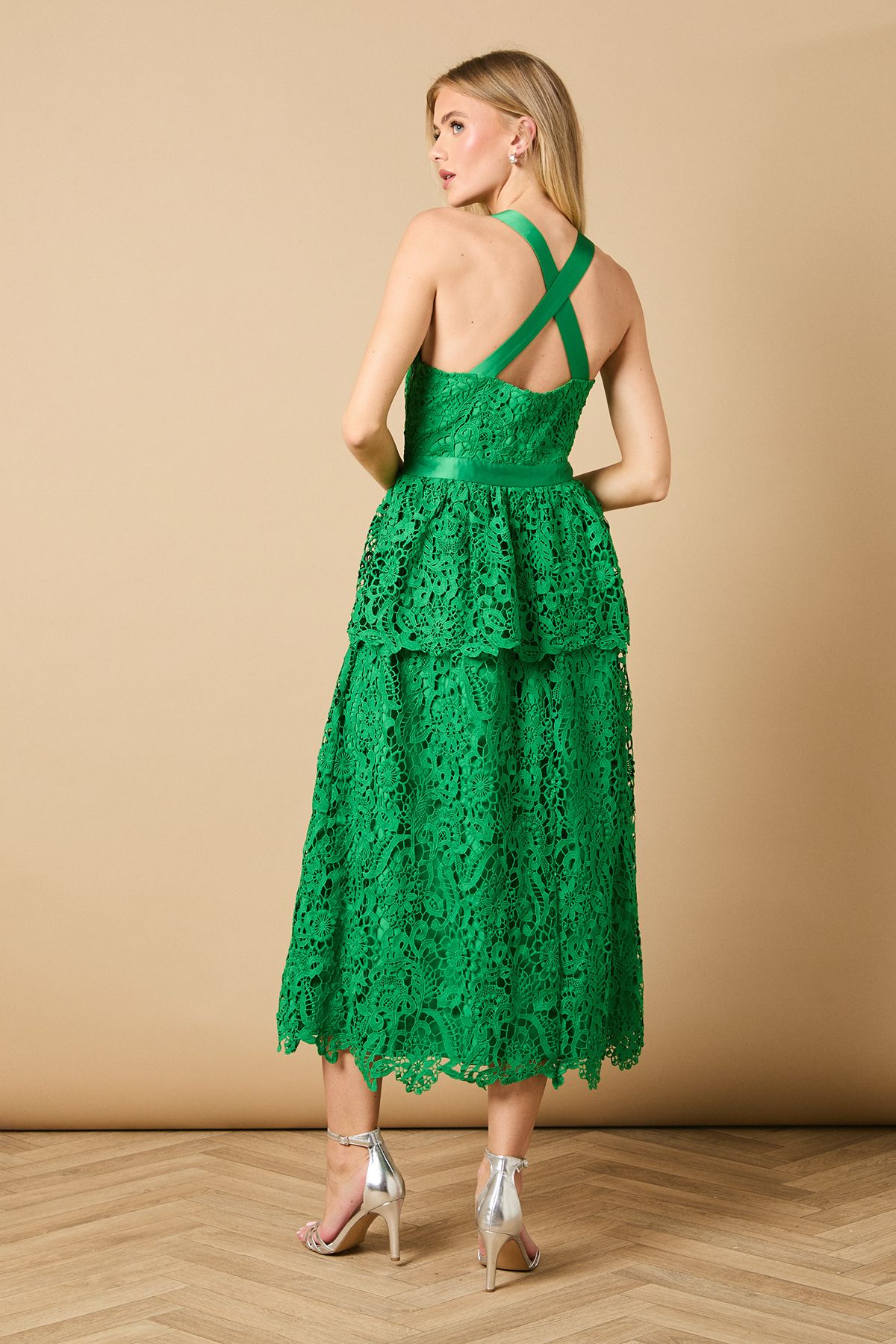 Oasis Cross Strap Tiered Lace Midi Dress Green image 4