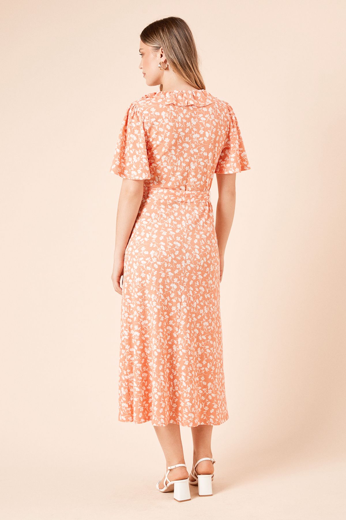 Dorothy Perkins Coral Ditsy Ruffle Neck Angel Sleeve Wrap Jersey Midi Dress Coral image 5