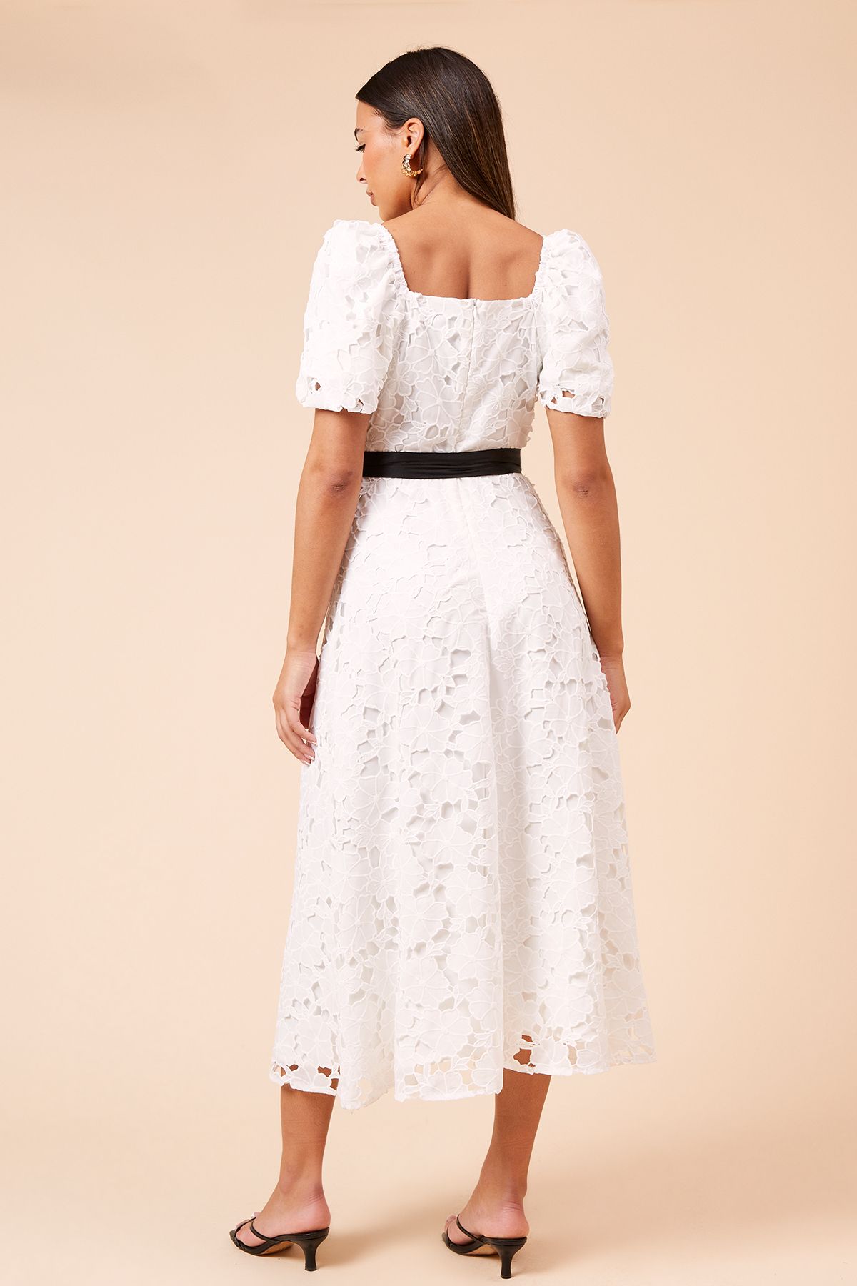 Dorothy Perkins DP Luxe Cut-Work Lace Contrast Belt Midi Dress White image 3