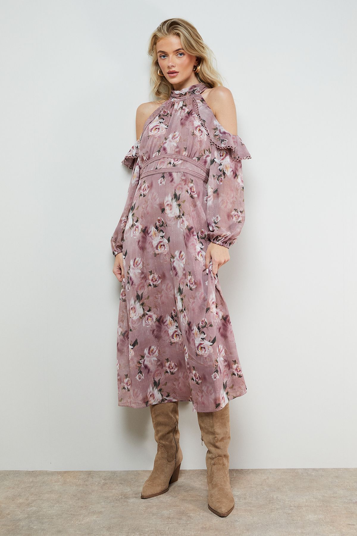 Oasis Cold Shoulder Ruffle Halterneck Midi Dress Floral