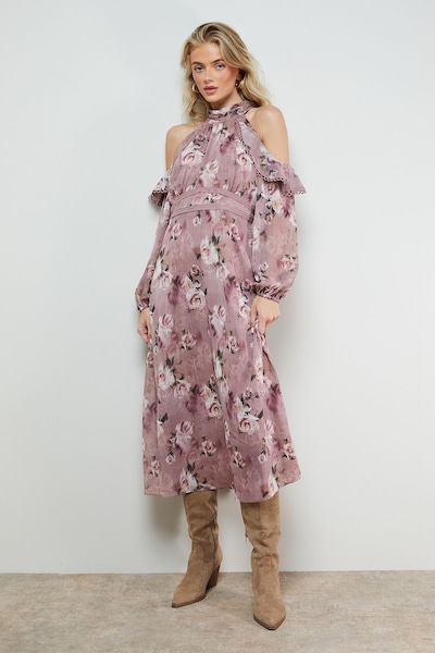 Oasis Cold Shoulder Ruffle Halterneck Midi Dress Floral