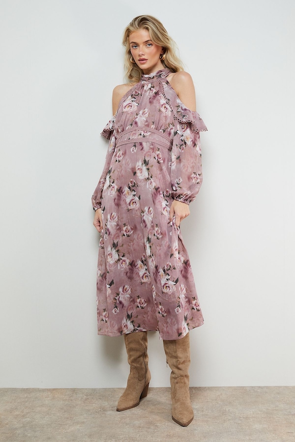 Oasis Cold Shoulder Ruffle Halterneck Midi Dress Floral