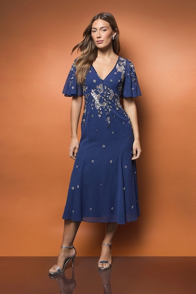 Coast Floral Embellished Flutter Sleeve Midi Dress Blue