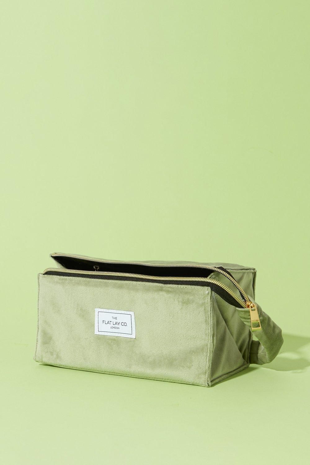 The Flat Lay Co Sage Velvet Open Flat Makeup Box Bag Sage image 3