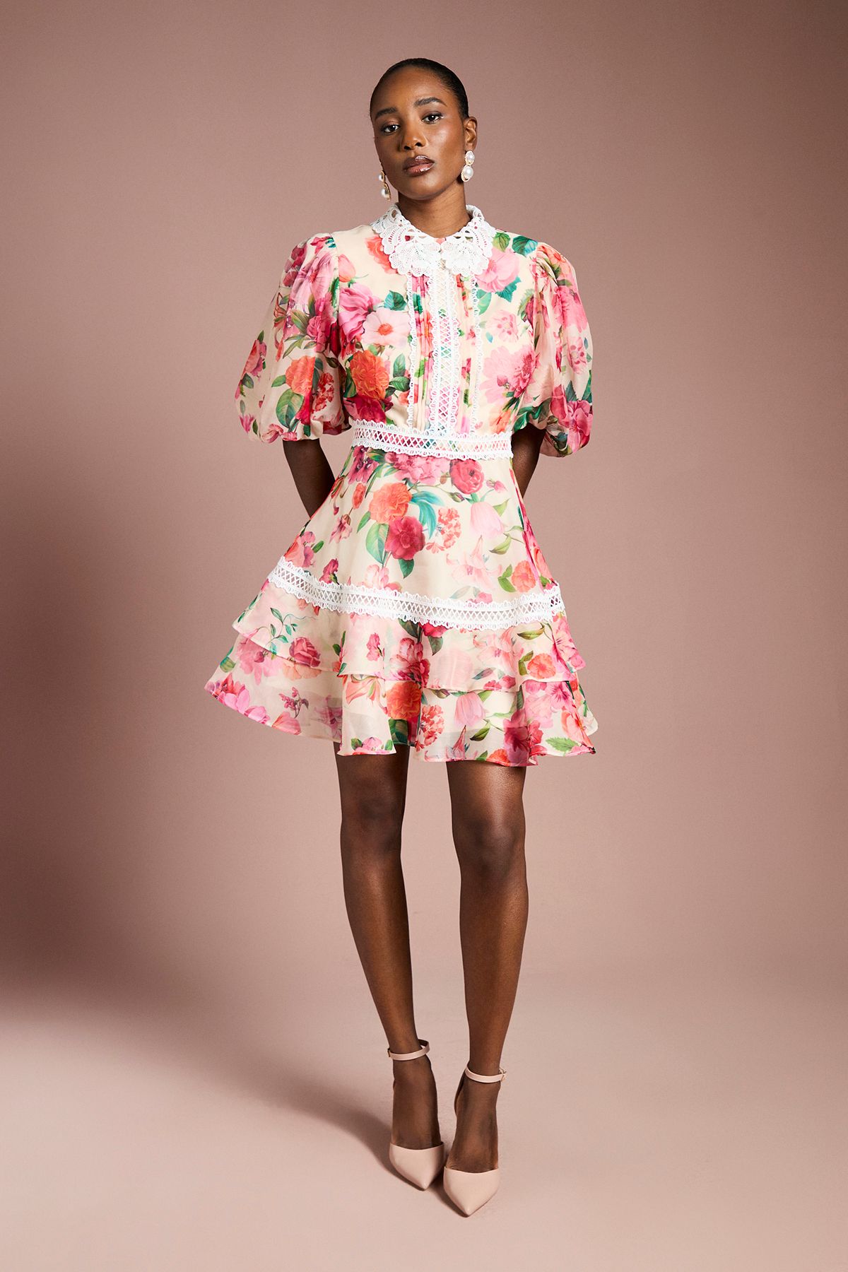 Coast Lace Trim Collared Printed Organza Mini Dress Ivory image 1