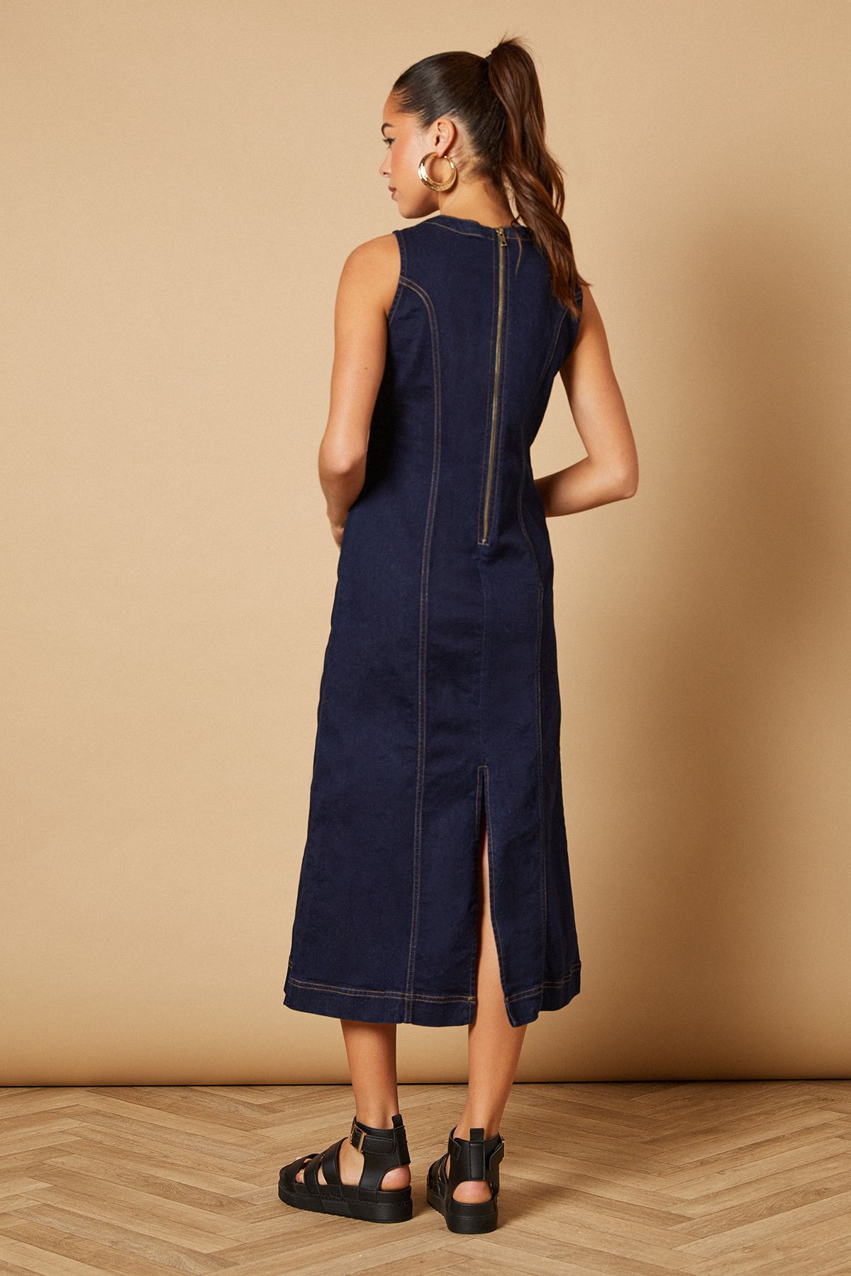 Oasis Sleeveless Denim Maxi Dress With Seam Detail Indigo image 4