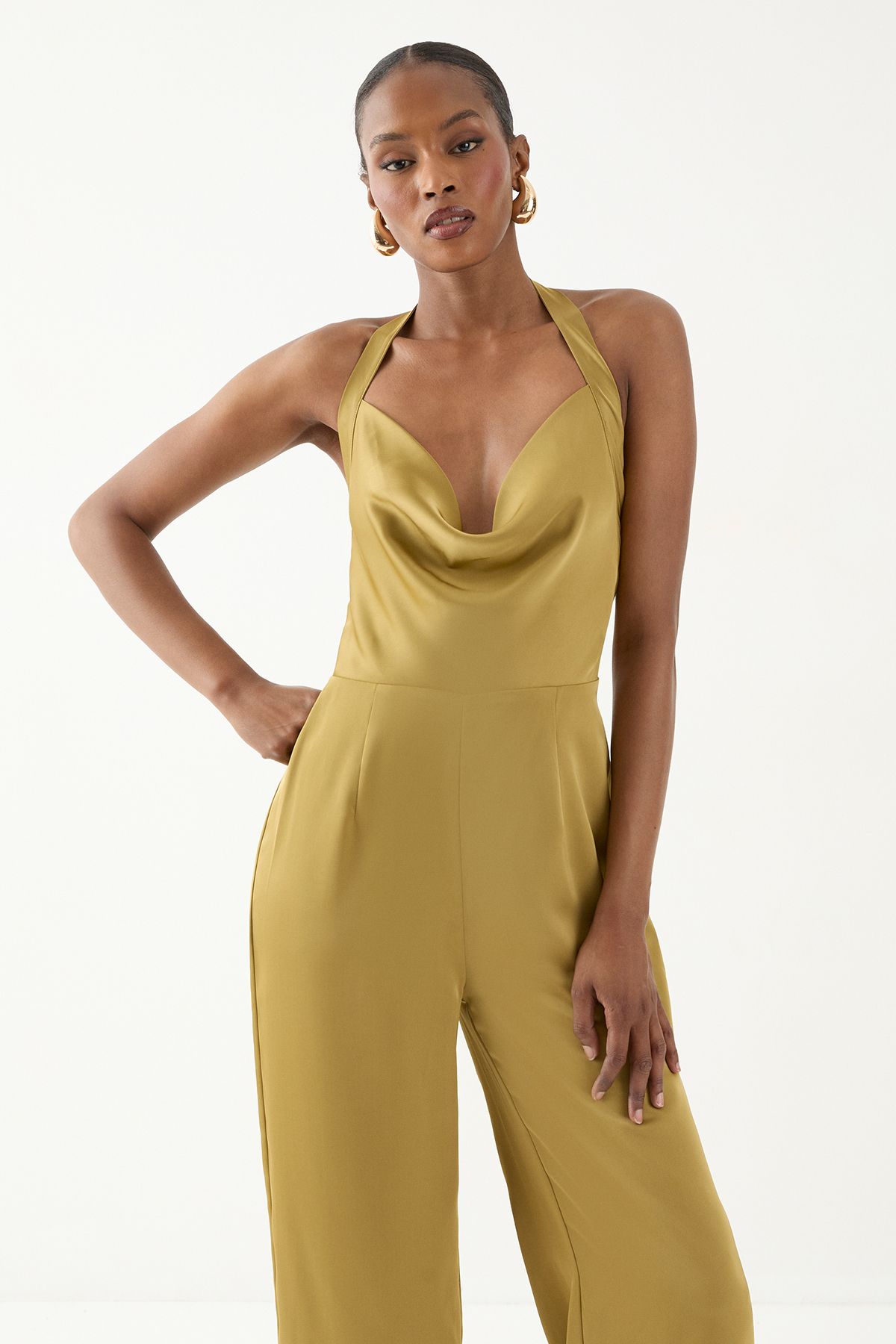 MissPap Satin Cowl Halter Neck Jumpsuit Green image 2