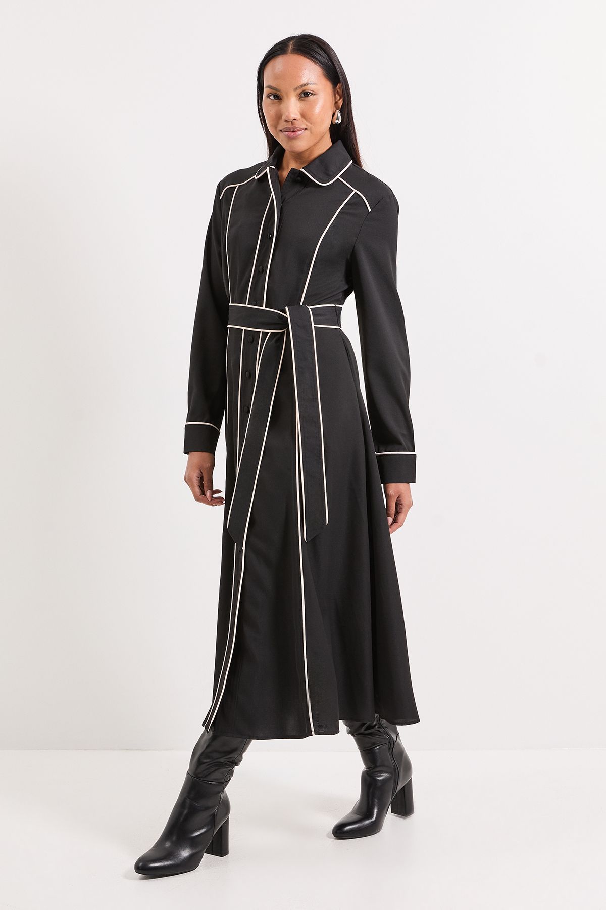 Principles Contrast Belted Midi Shirt Dress Black