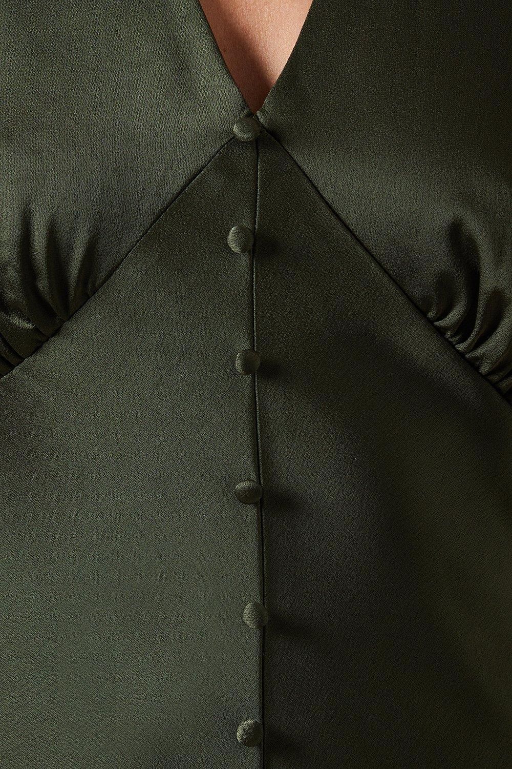 Oasis Button Detail V Neck Satin Bridesmaid Midaxi Dress Olive image 5