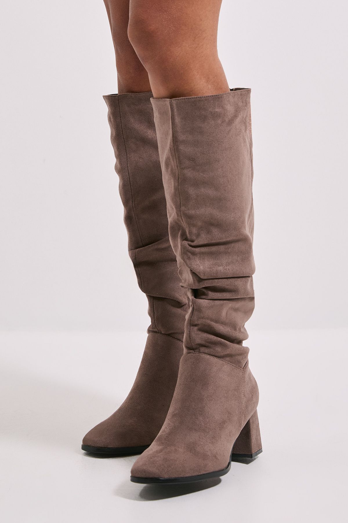 Dorothy Perkins Carla Faux Suede Ruche Medium Block Heel Knee Boots Mocha image 3
