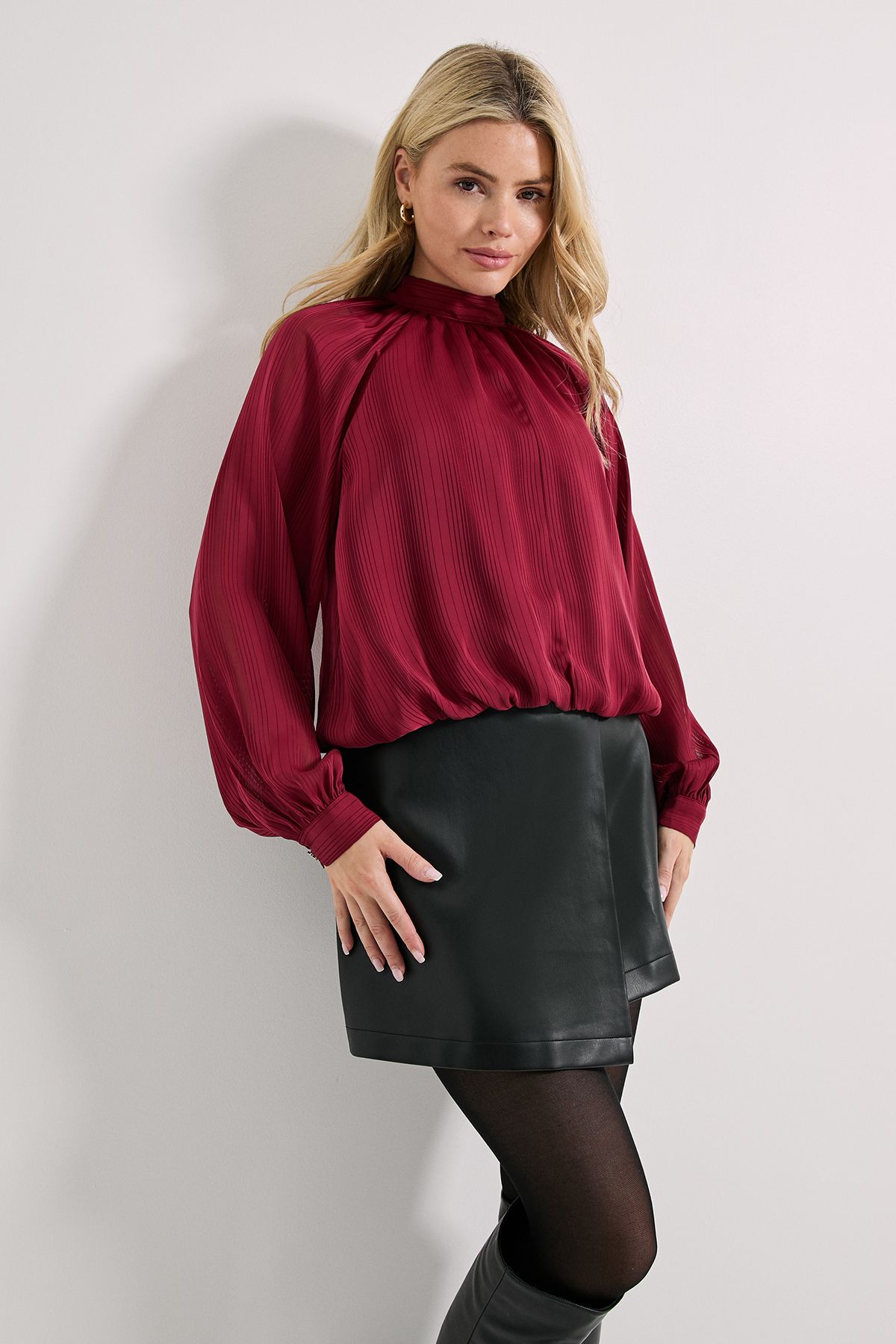Dorothy Perkins Tie Neck Blouson Sleeve Satin Burnout Blouse Red image 4