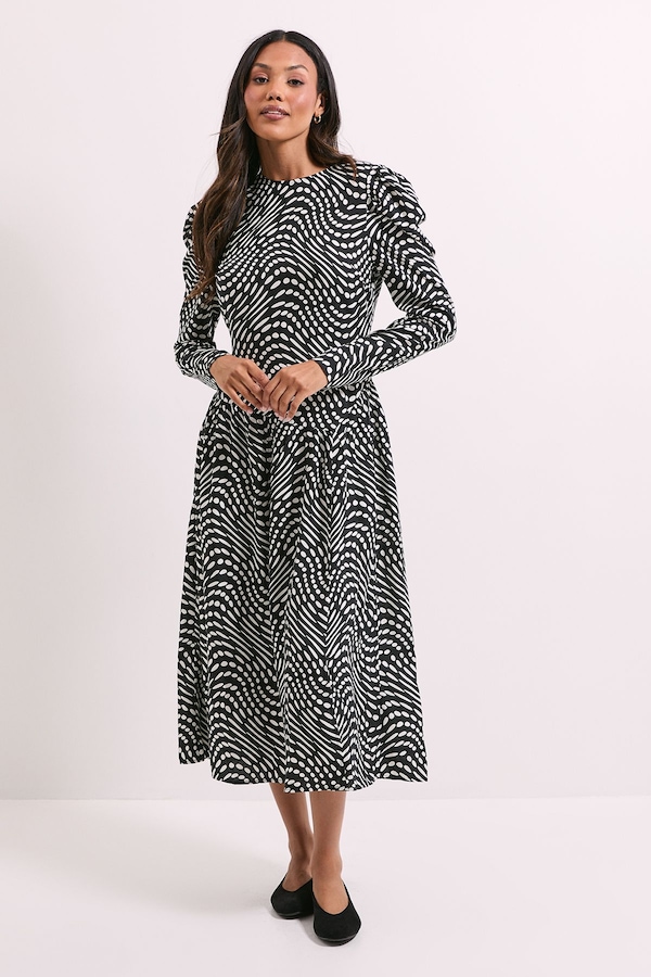 Dorothy Perkins Mono Spot Dropped Waist A-line Midi Dress Mono