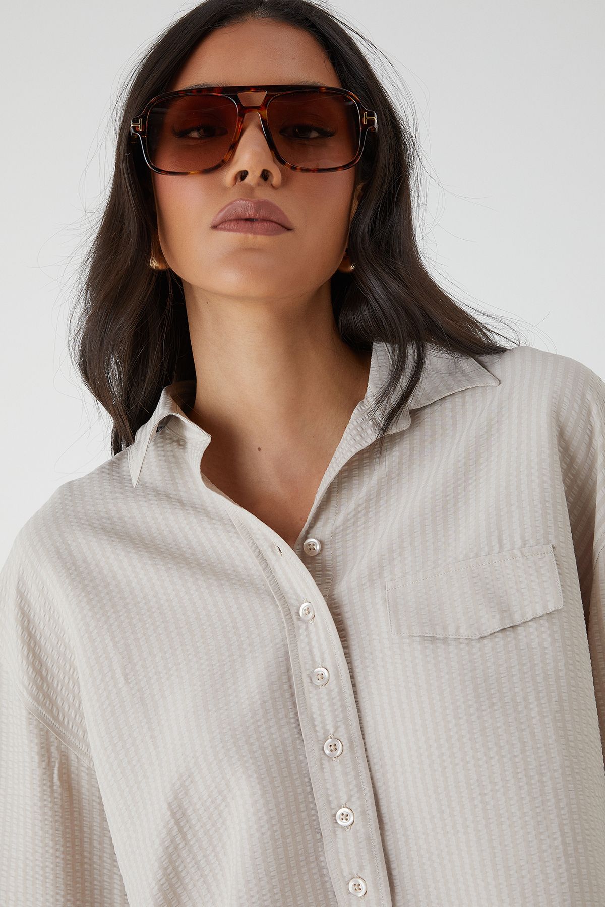 MissPap Seer Sucker Cropped Shirt Taupe image 5