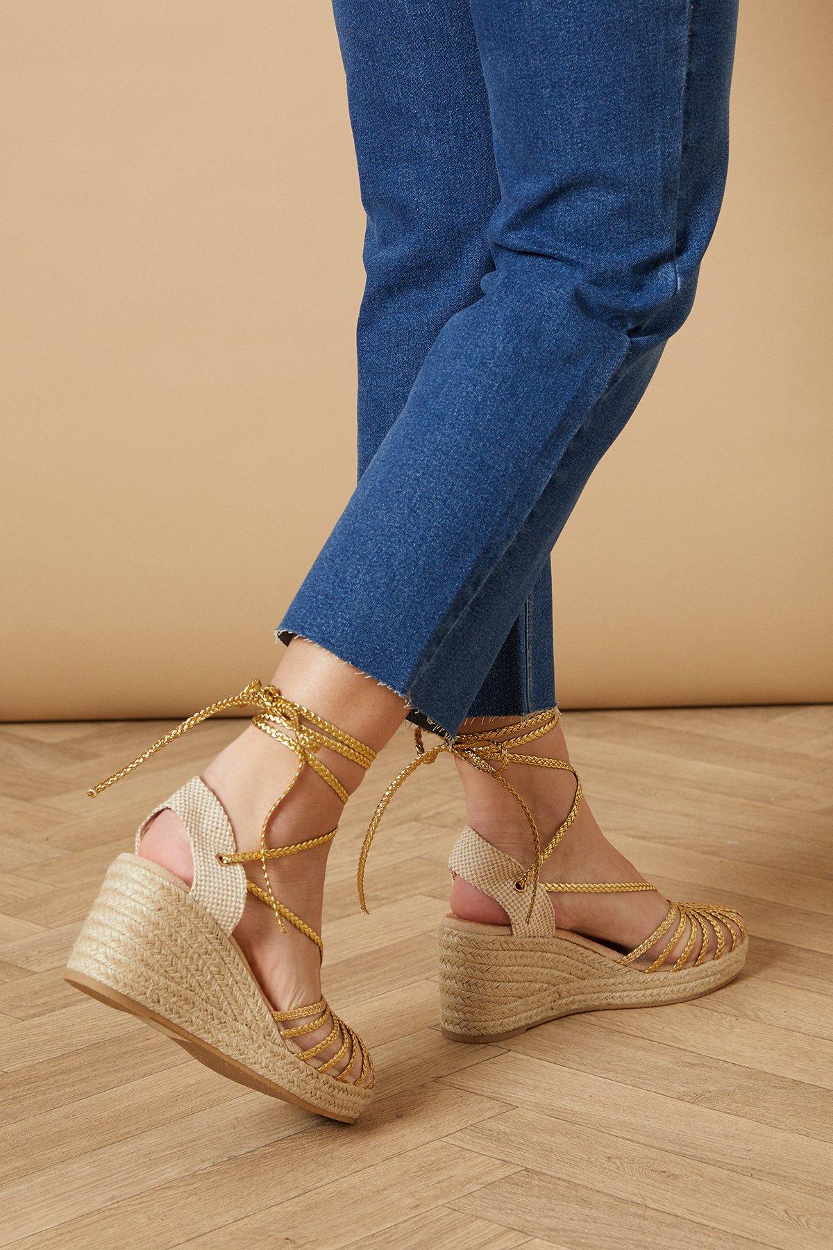 Oasis Angie Faux Metallic Leather Plaited Ankle Tie High Espadrille Wedge Sandals Gold image 3