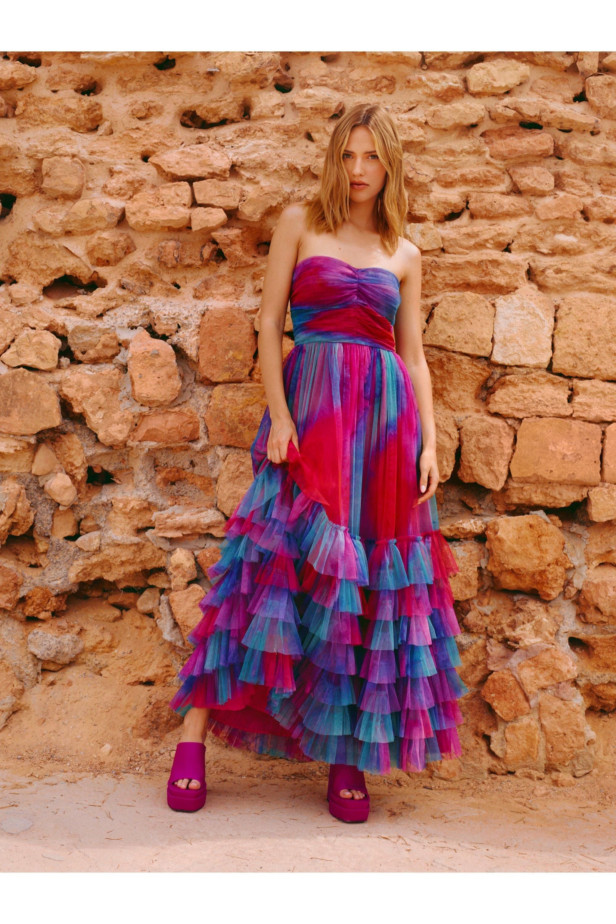 NastyGal Tie Dye Tulle Bandeau Maxi Dress Pink image 1