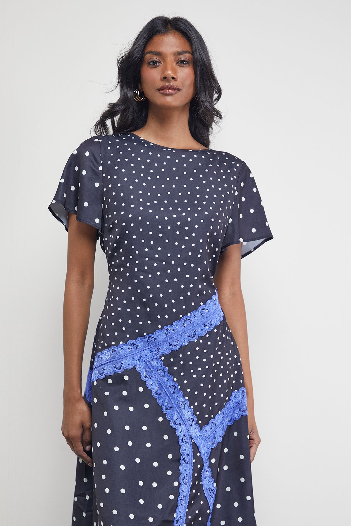 Warehouse Satin Lace Panelled Asymmetric Midi Dress Black image 4