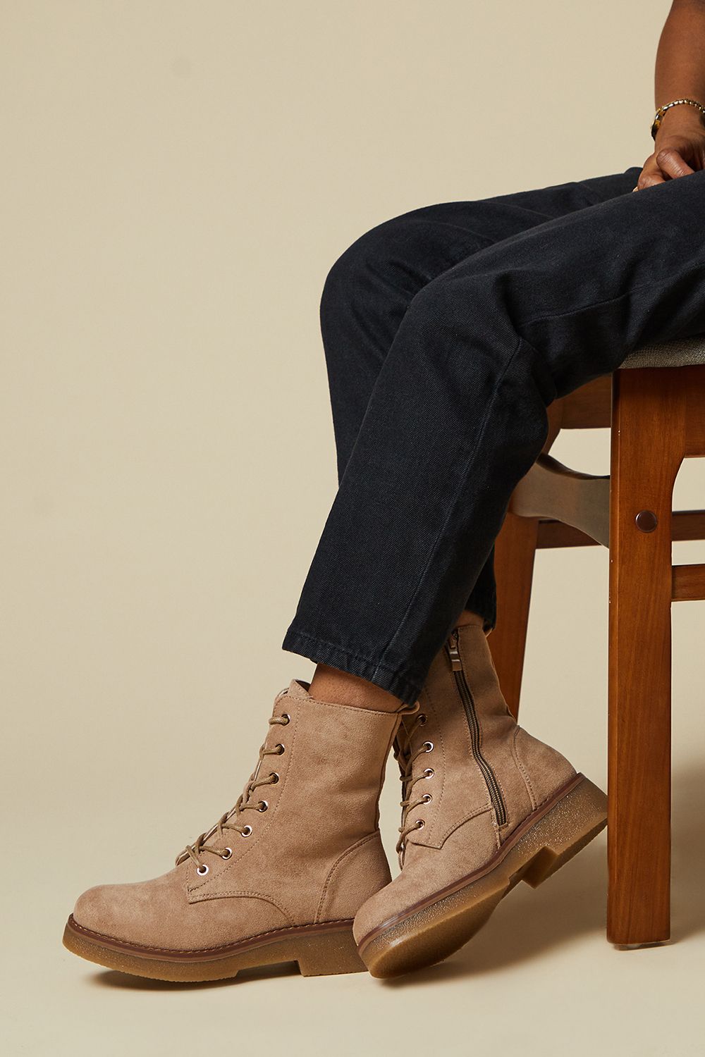 Dorothy Perkins Mariah Faux Suede Lace Up Chunky Ankle Boot Beige image 4