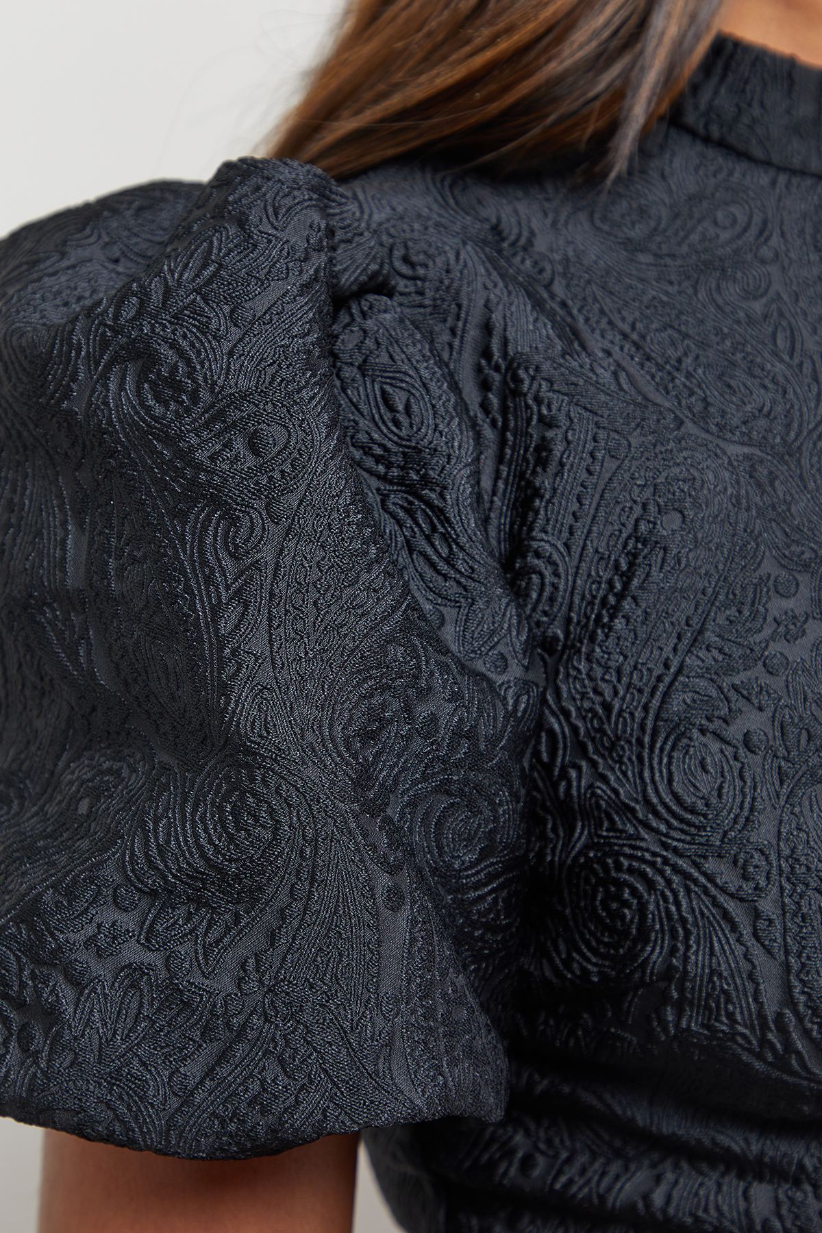 Oasis Paisley Jacquard Puff Sleeve Mini Dress Black image 5