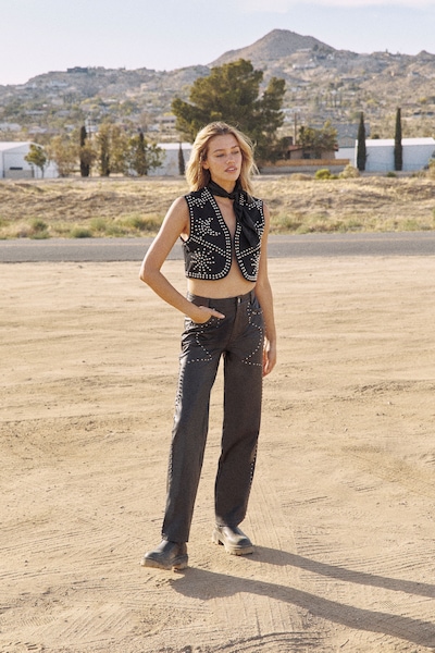 NastyGal Faux Leather Studded Straight Leg Trouser Black