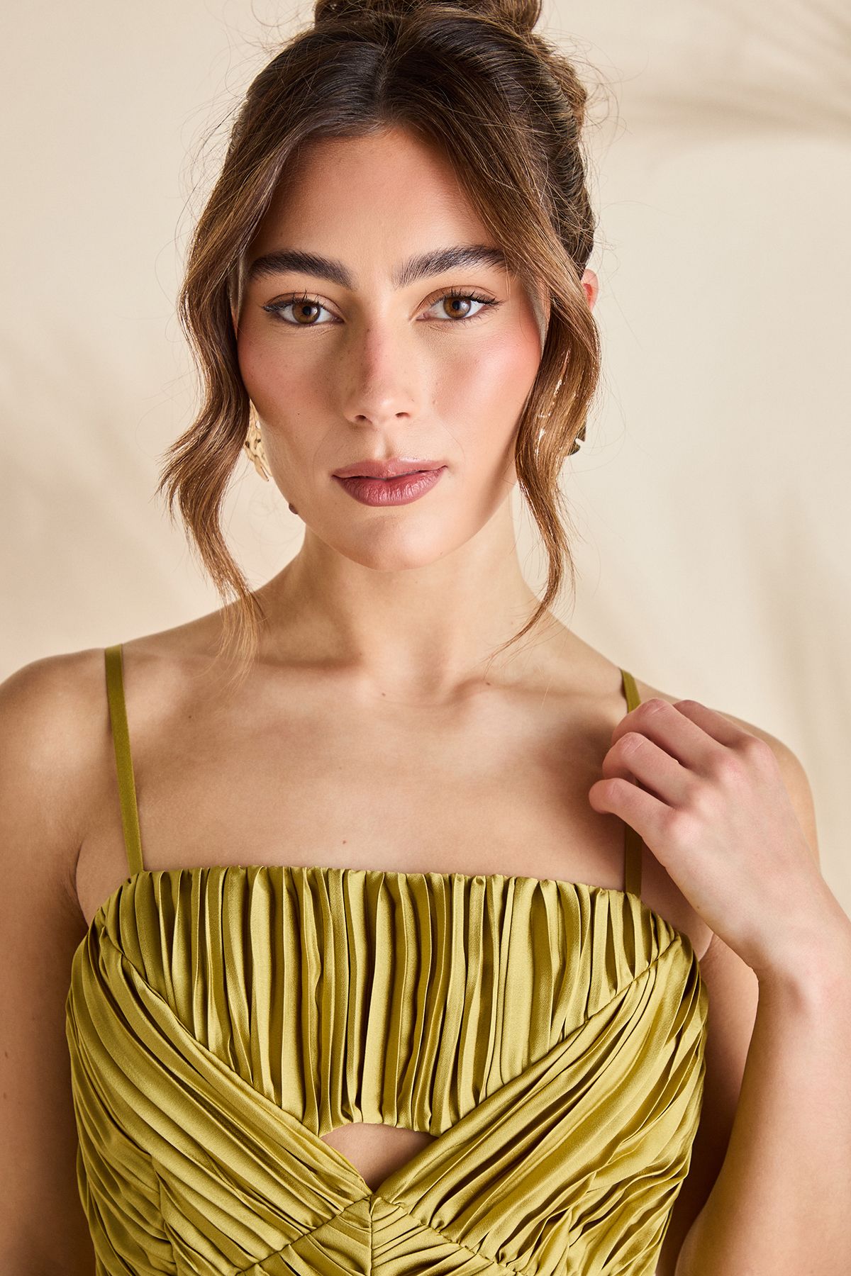 Coast Pleated Peplum Strappy Satin Dress Olive image 5