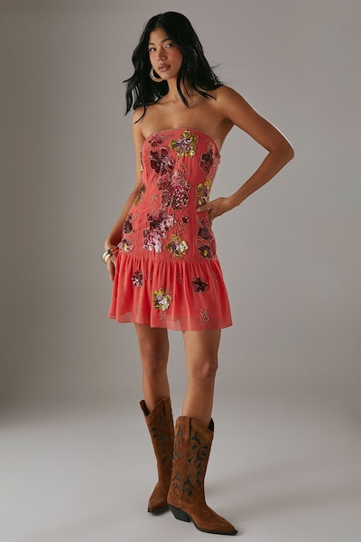 Warehouse Hand Embellished Sequin Structured Bandeau Drop Hem Mini Dress Coral