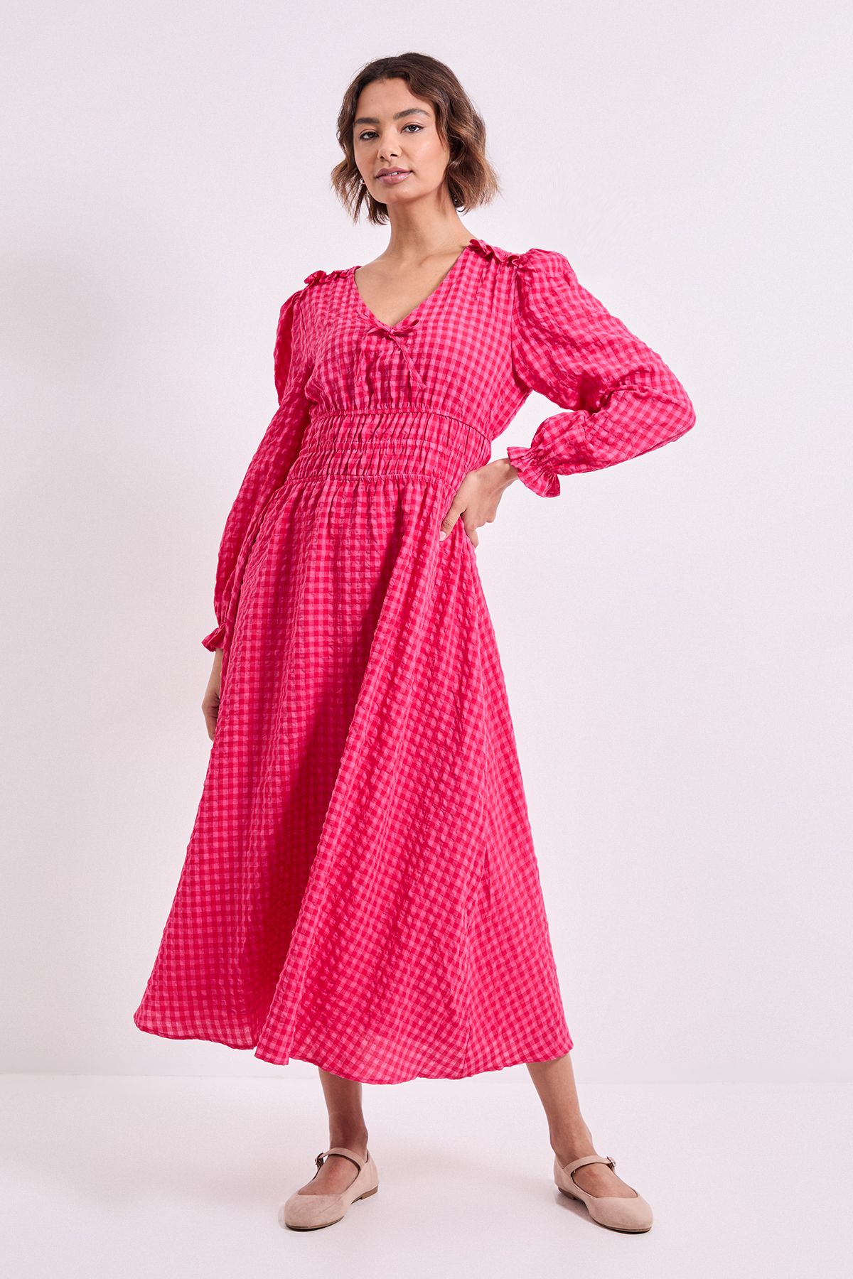 Dorothy Perkins Shirred Waist Tie Detail Gingham Midaxi Dress Pink
