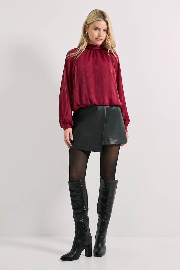 Dorothy Perkins Tie Neck Blouson Sleeve Satin Burnout Blouse Red