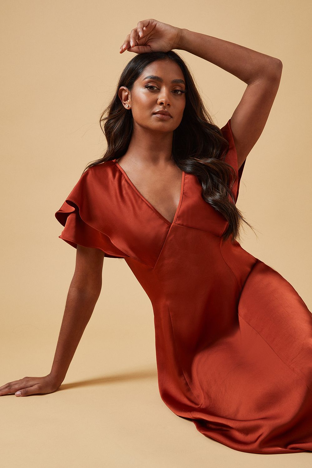 Oasis Occasion Satin Ruffle Sleeve Midaxi Dress Cinnamon image 2