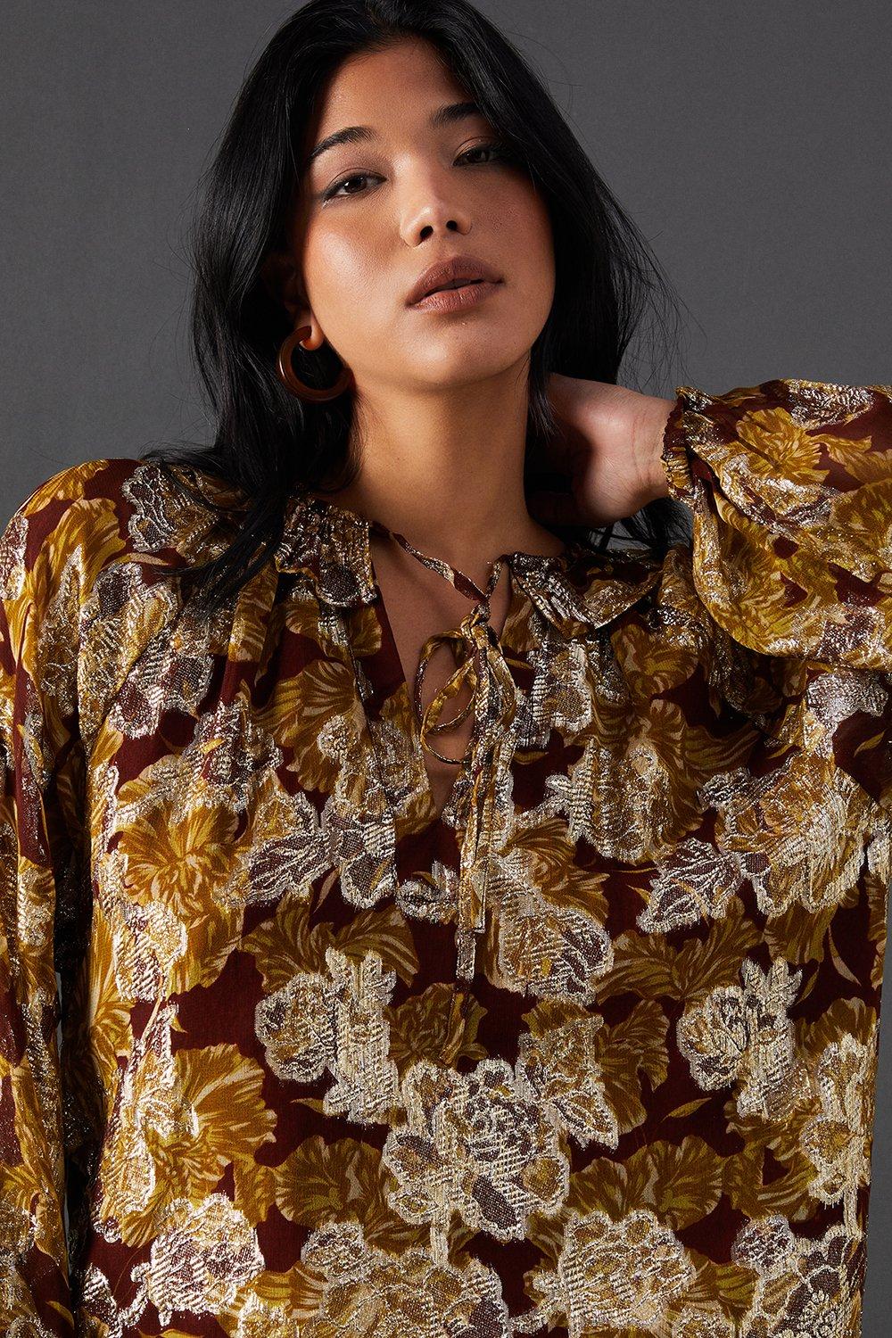 Warehouse Printed Metallic Jacquard Tie Neck Frill Collar Blouse Floral image 2