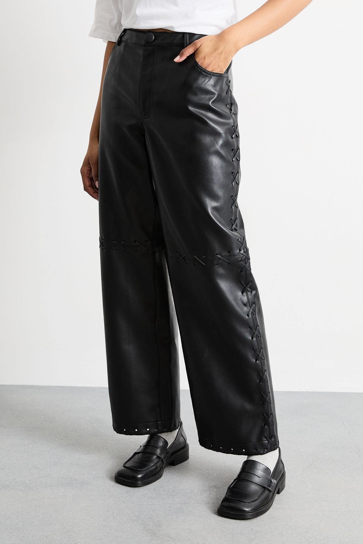 Warehouse Faux Leather Whipstitch Detail Straight Leg Trouser Black image 2