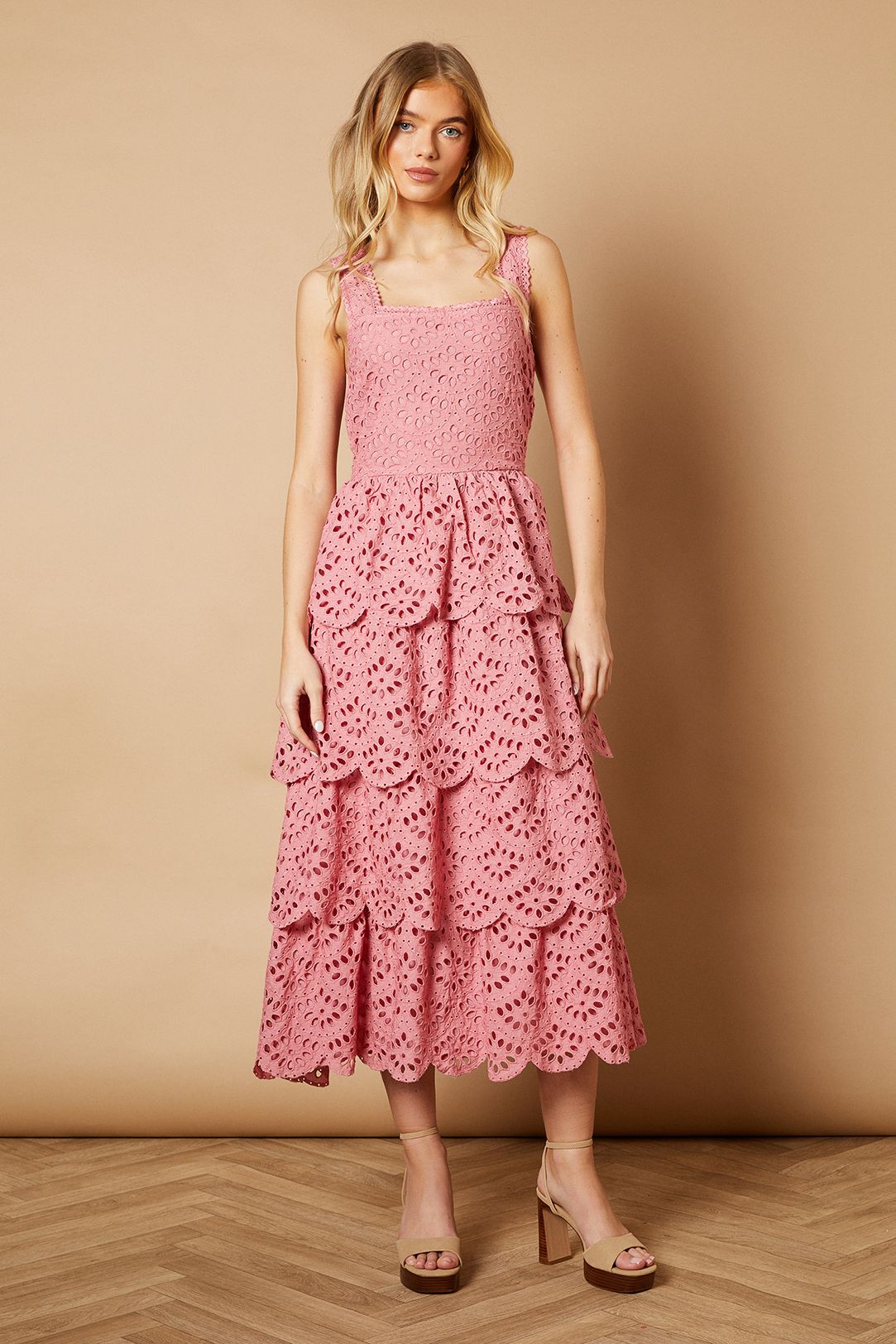 Oasis Scallop Trim Broderie Midi Dress Dusty Rose image 1