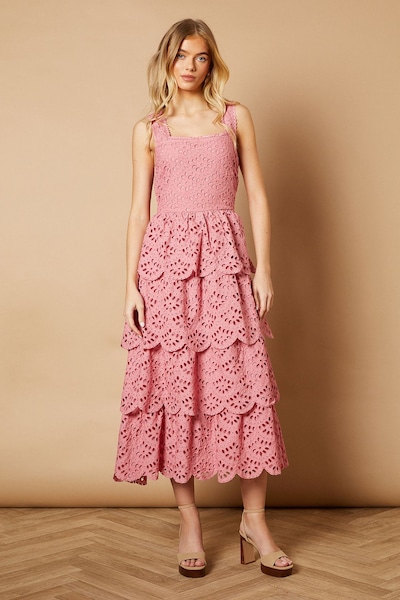 Oasis Scallop Trim Broderie Midi Dress Dusty Rose