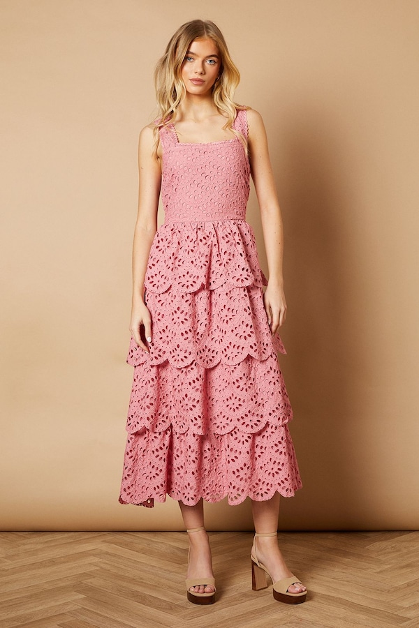Oasis Scallop Trim Broderie Midi Dress Dusty Rose