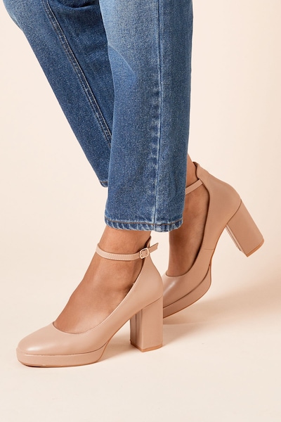 Dorothy Perkins Vanessa Faux Leather Platform Ankle Strap High Block Heel Court Shoes Taupe