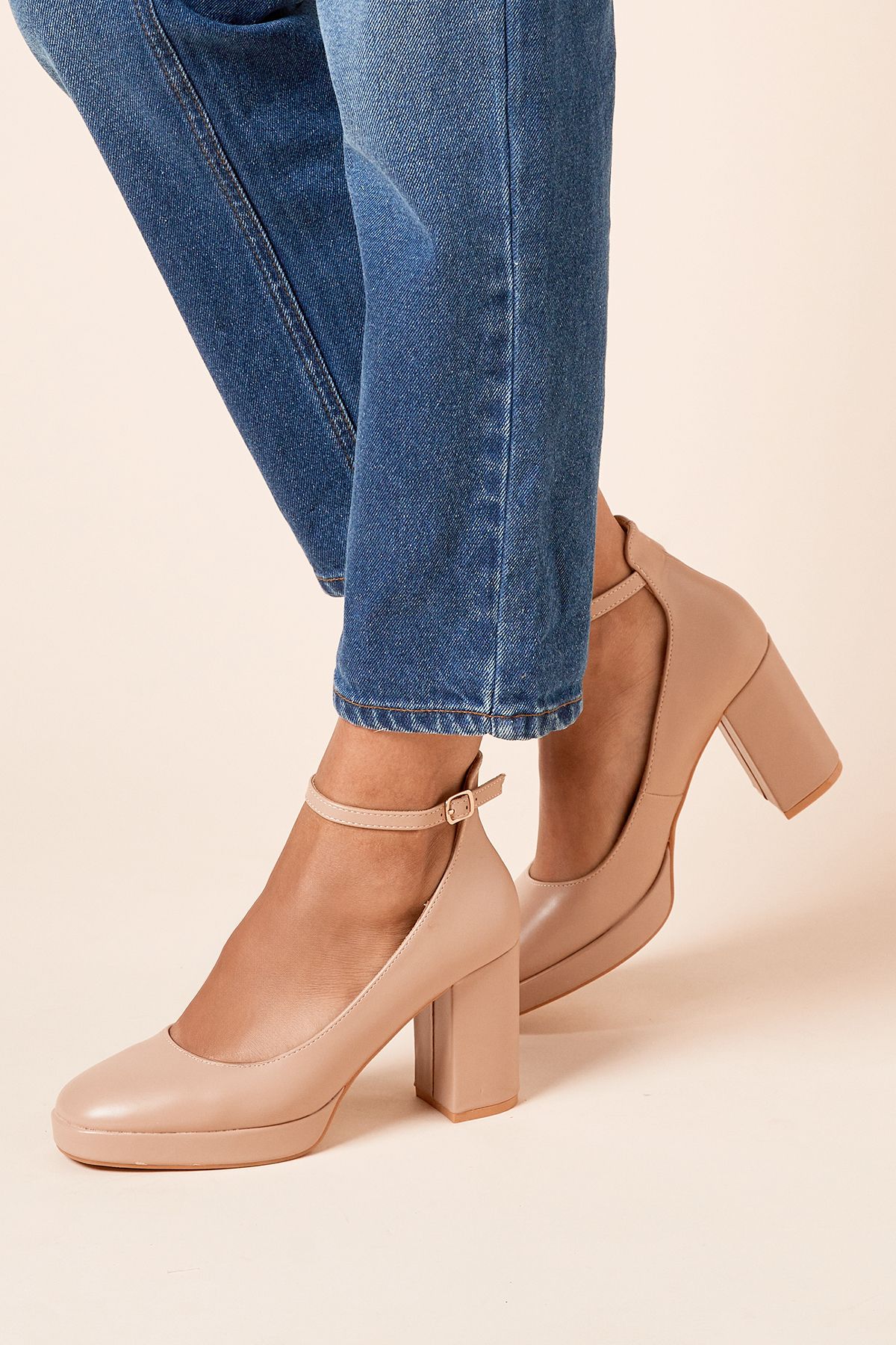 Dorothy Perkins Vanessa Faux Leather Platform Ankle Strap High Block Heel Court Shoes Taupe