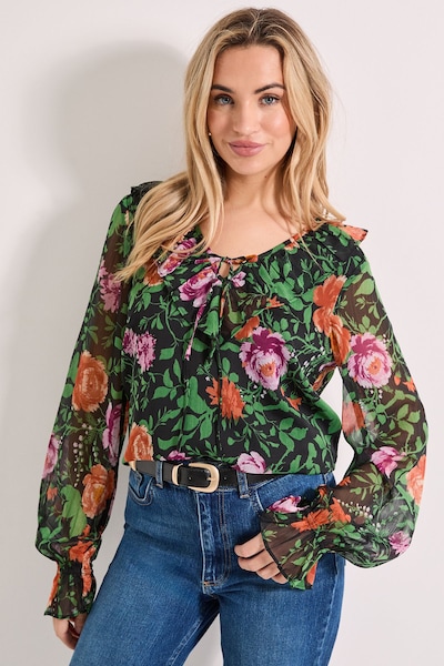 Dorothy Perkins Ruffle Tie Front Long Sleeve Printed Chiffon Blouse Floral