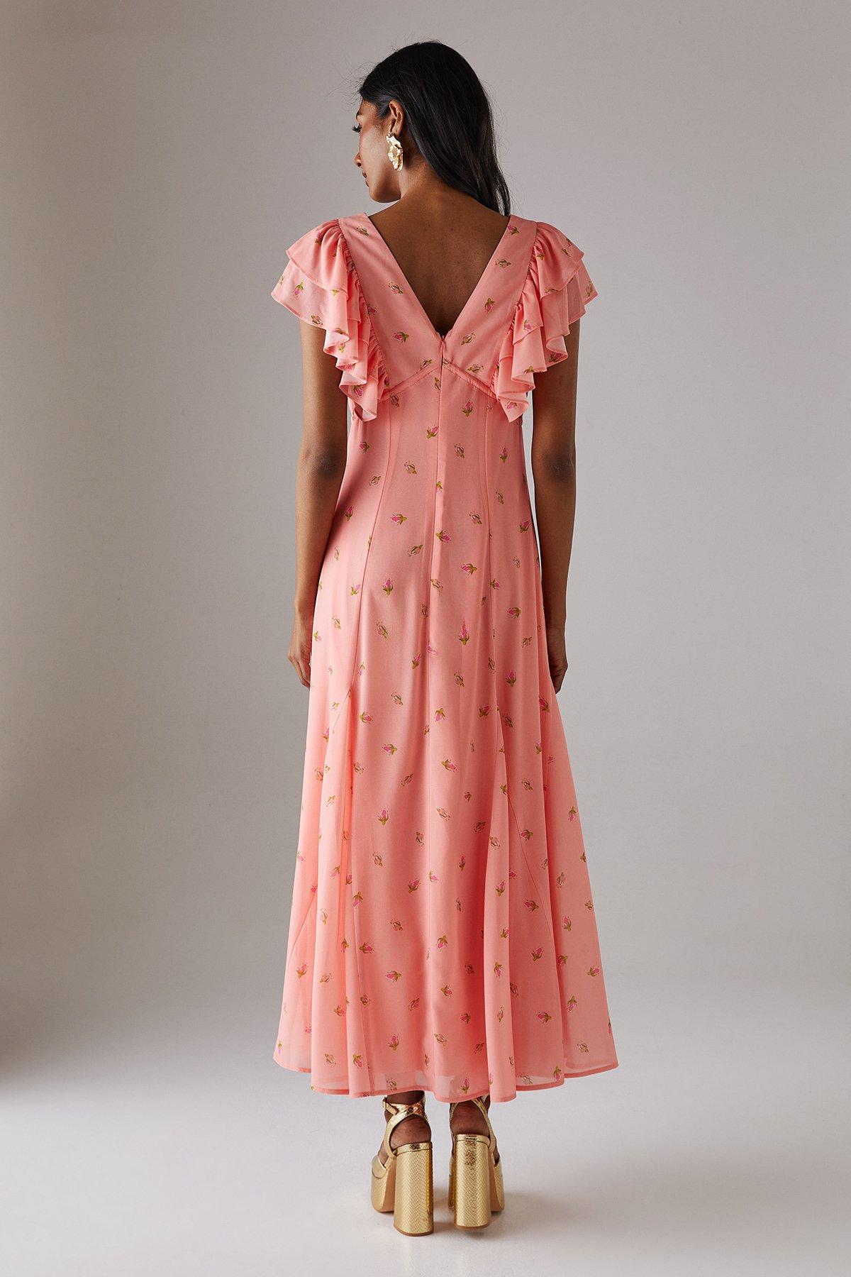 Warehouse Floral Frill Tie Front Midi Tea Dress Peach image 3