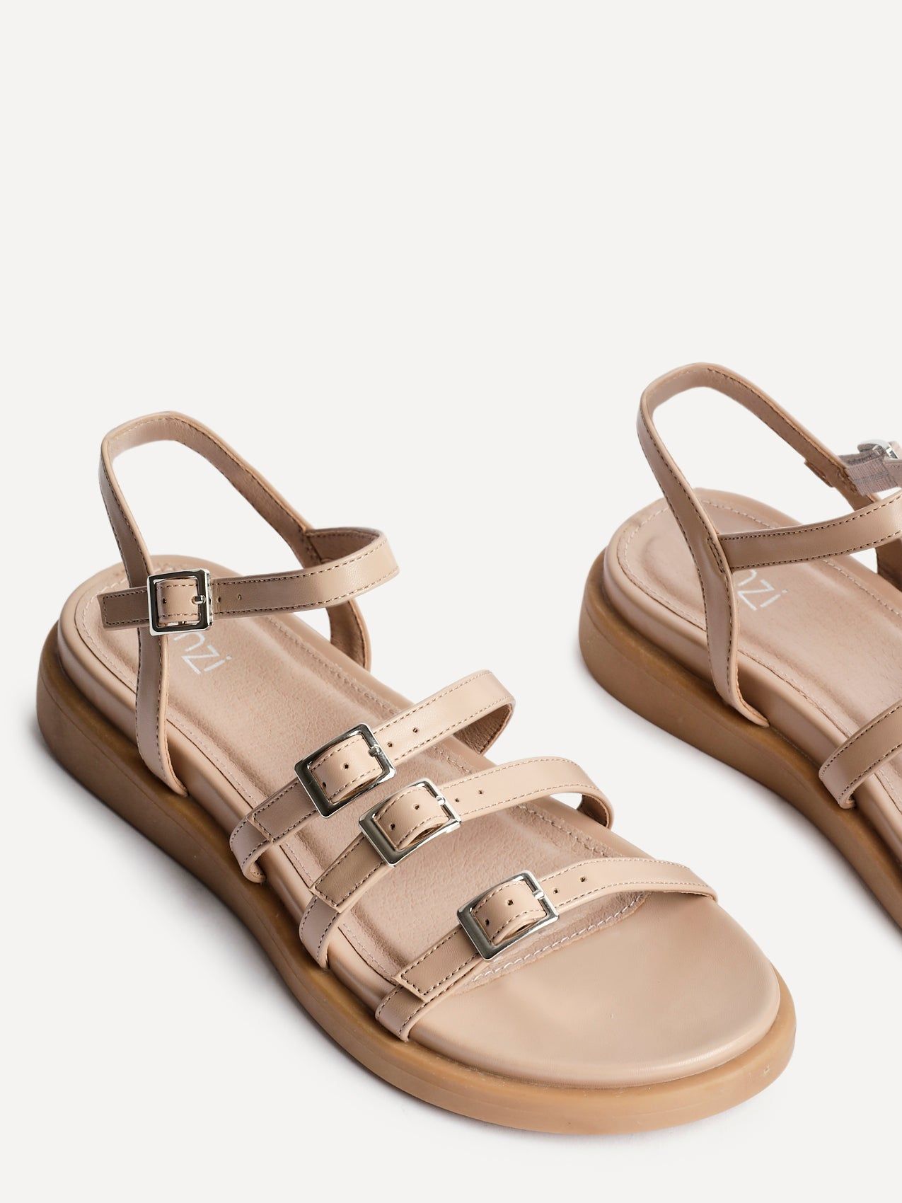 Linzi Twilight Nude Faux Leather Triple Buckle Footbed Sandals image 5