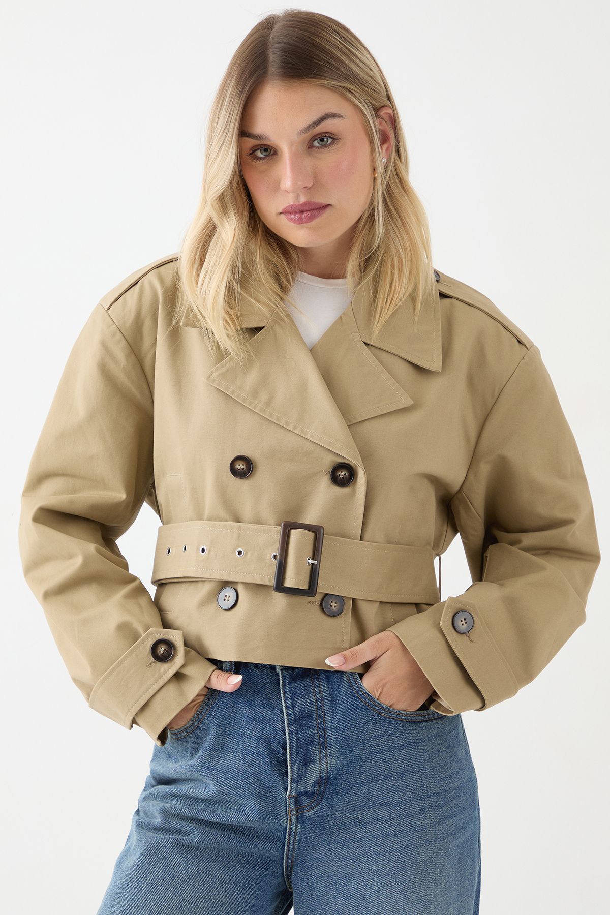 MissPap Tailored Cropped Trench Coat Stone image 1