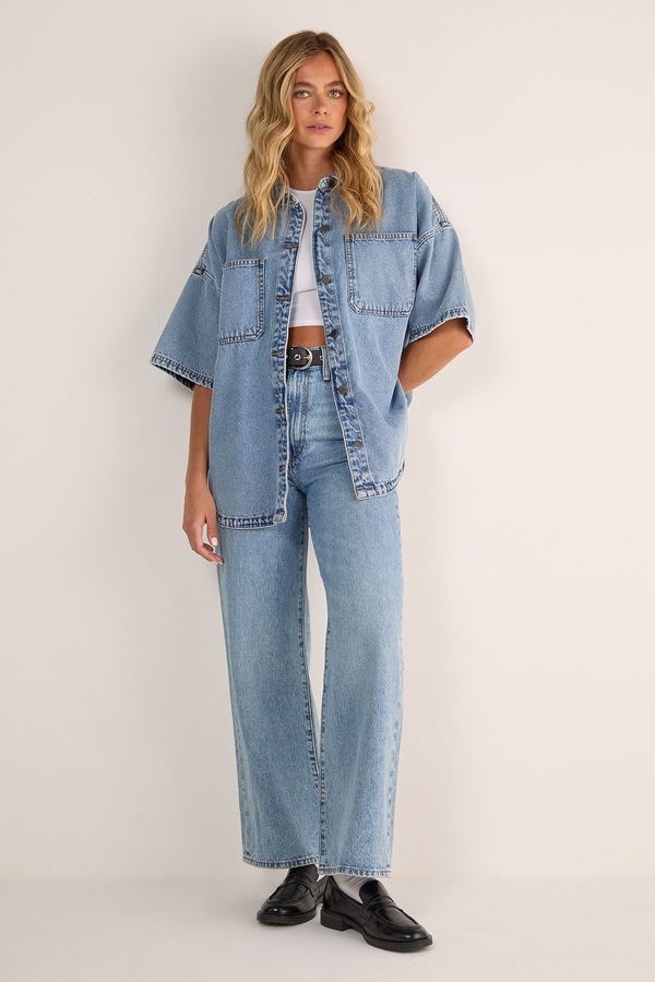 NastyGal Denim Boxy Short Sleeve Shirt Vintage Wash