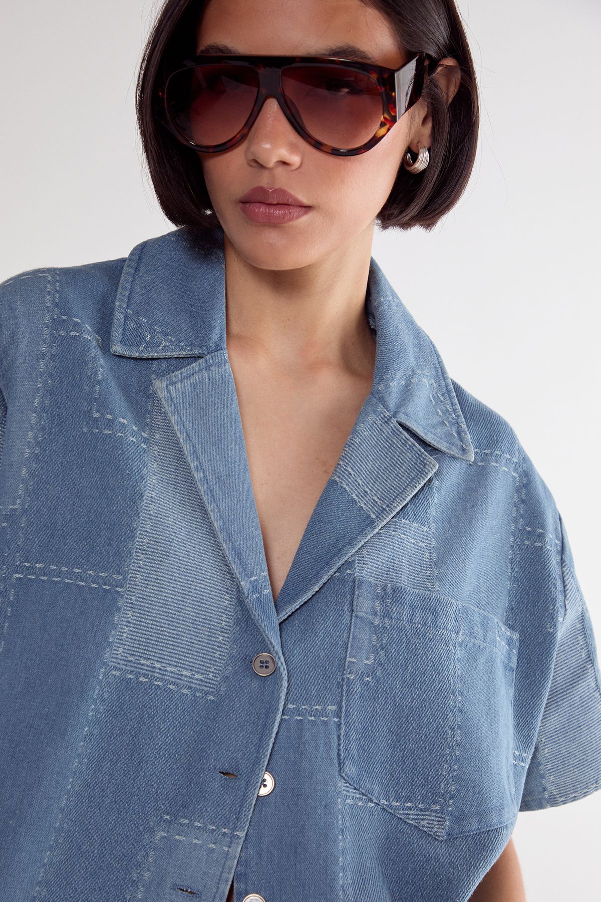 NastyGal Denim Patchwork Contrast Stitch Resort Shirt Mid Blue image 3