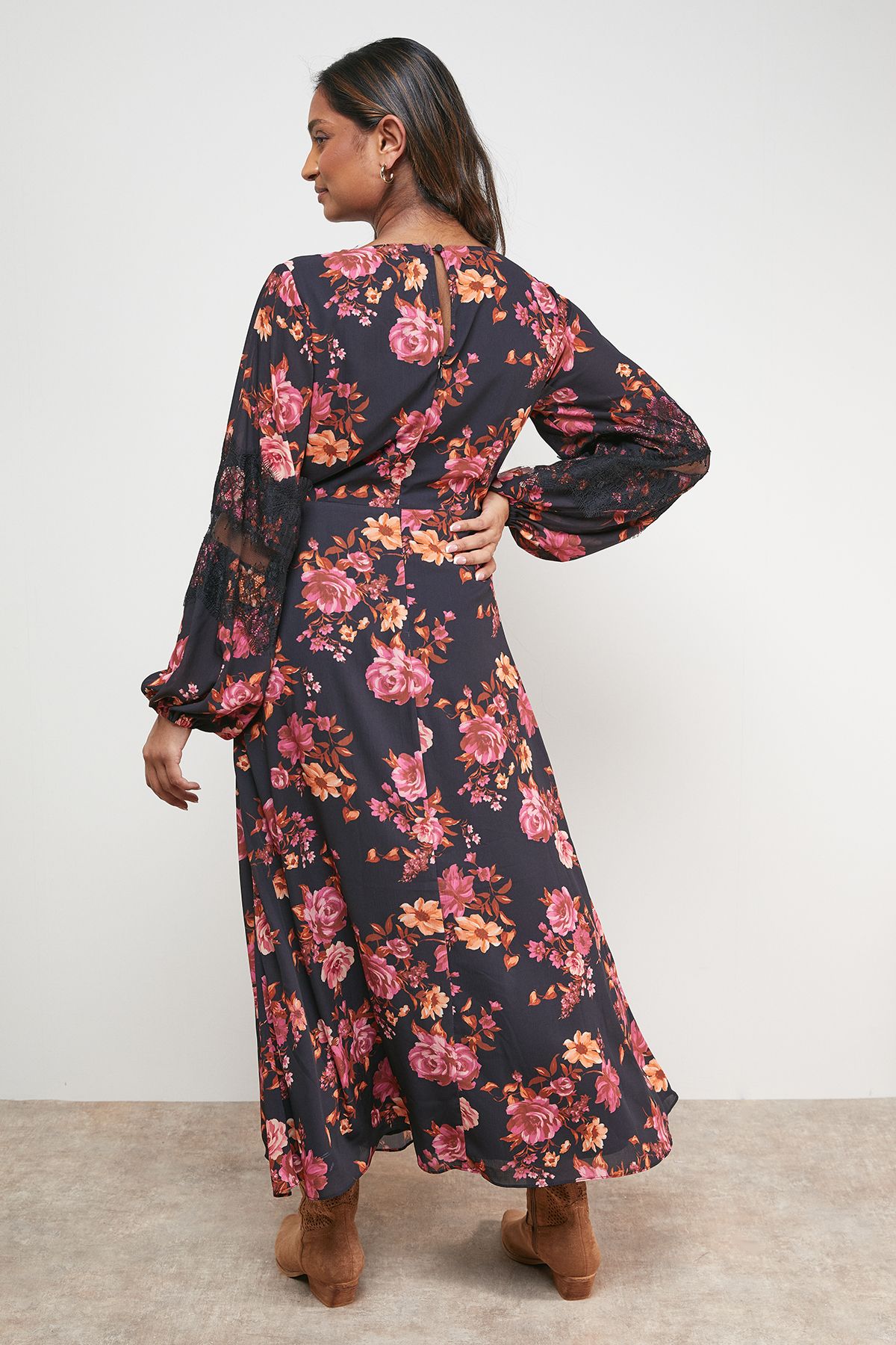 Oasis Printed Lace Insert Bias Midi Dress Floral image 3