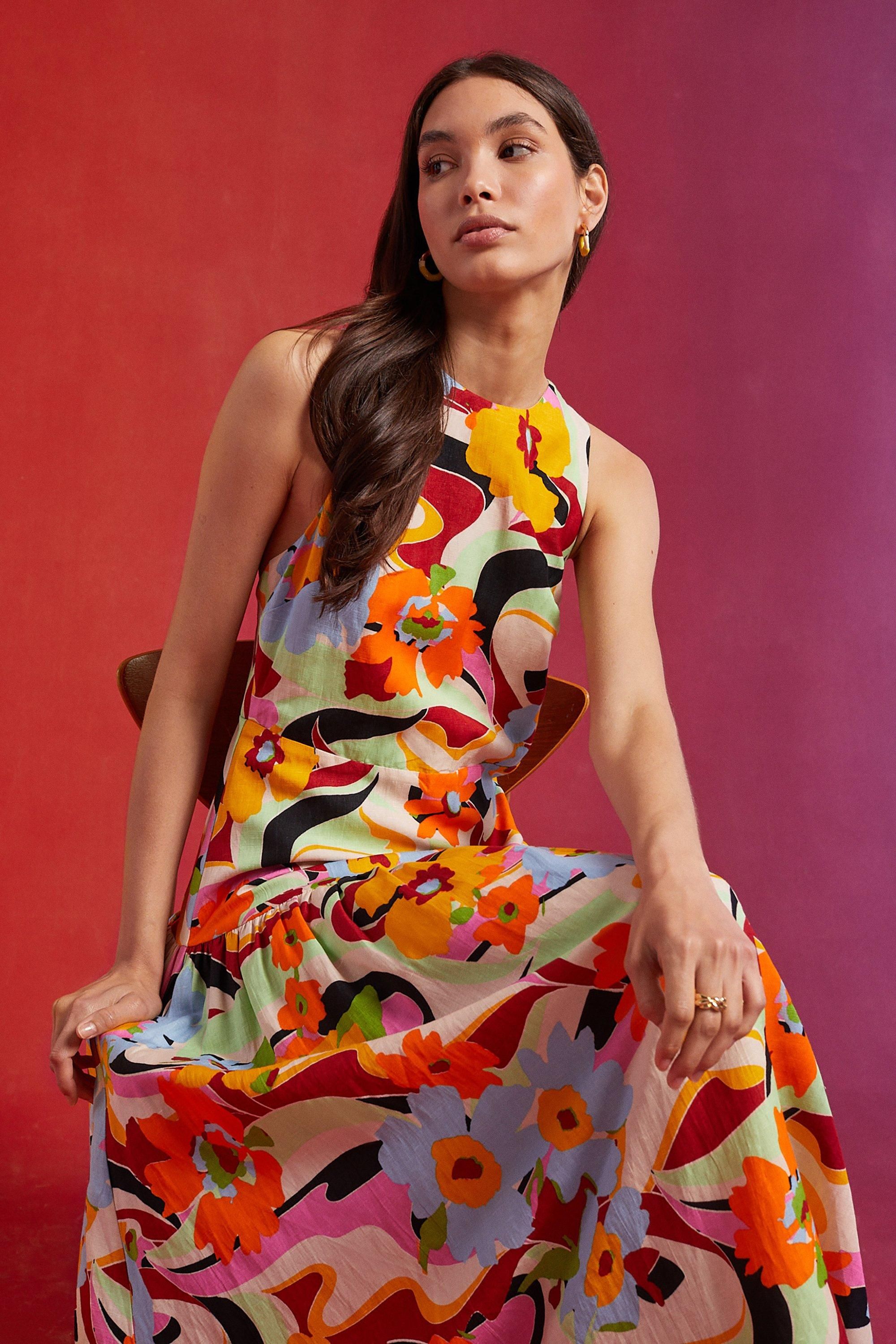 Oasis Linen Mix Floral Bow Back Halter Midi Dress Multi image 2